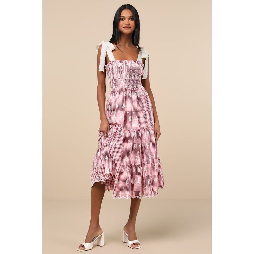 JACQUIE THE LABEL Red Isabella Gingham Embroidered Tiered Midi Dress Size S NWT - Picture 2 of 8